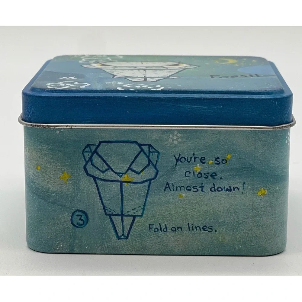 Vintage FOSSIL Watch Tin Blue Origami Owl Night Sky Collectible Box 2004 Y2K